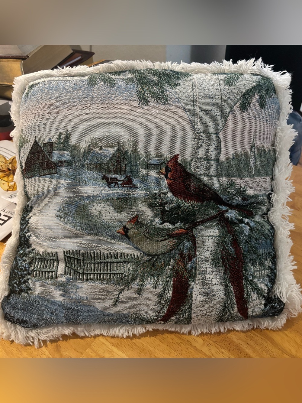 Winter Cardinal Tapestry Throw Pillow - Red and Green
